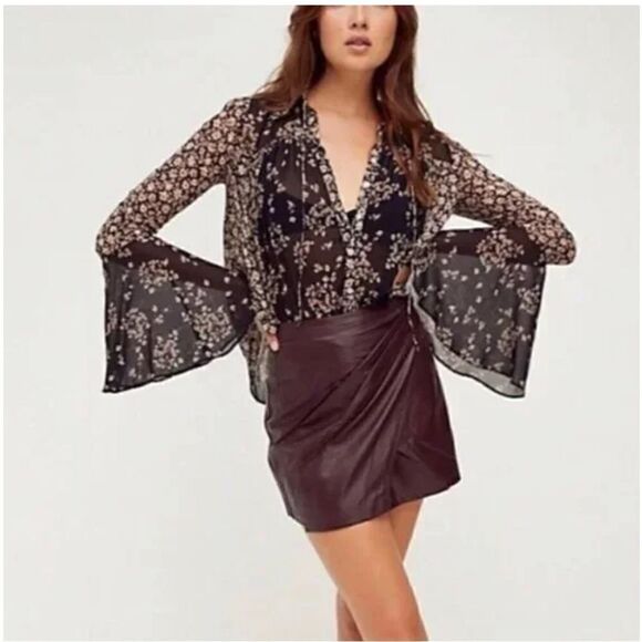 Free People Womens Fake Out Faux Leather Wrap Skirt in Oxblood - Picture 1 of 6